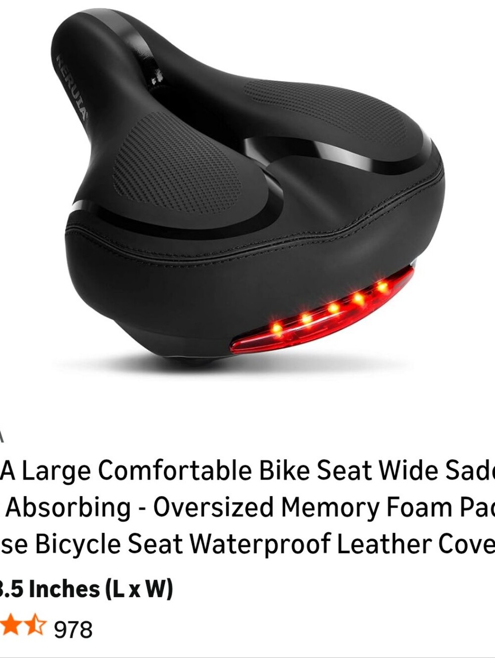Black Wide Memory Foam Bike Seat with Rear LED Light